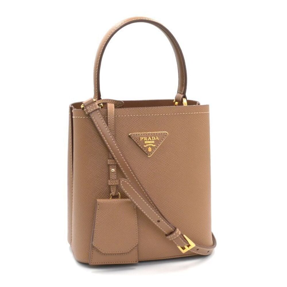 Prada Panier Saffiano Leather Bag Handbag Shoulder Camel Brown Triangle